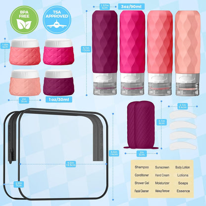 16Pack Travel Bottles for Toiletries, TSA Approved Travel Size Toiletries Containers Set, Silicone Leak Proof Refillable Bottles Elastic Sleeves Creams Jars Accessories Kit W/Clear Bag (Cream)