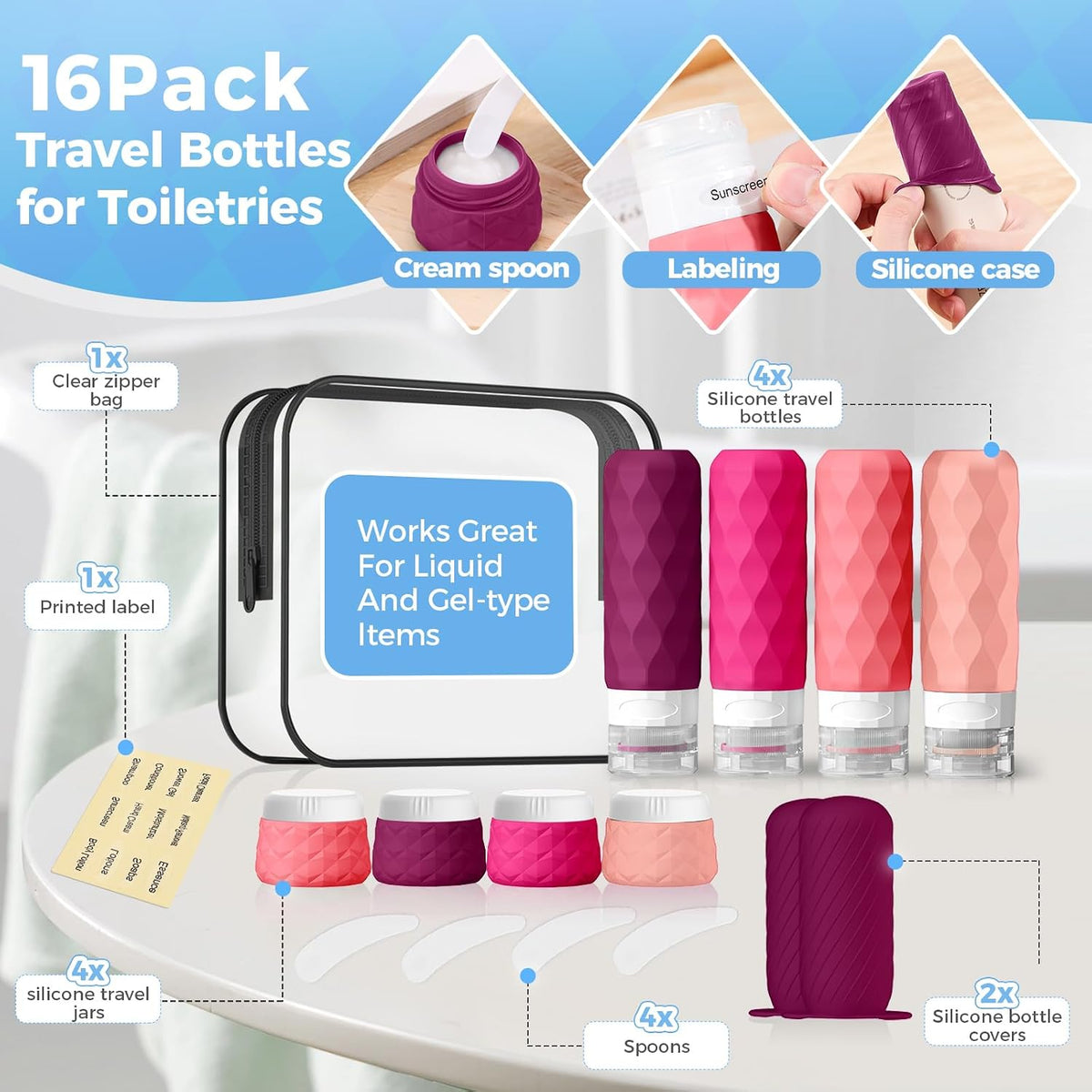 16Pack Travel Bottles for Toiletries, TSA Approved Travel Size Toiletries Containers Set, Silicone Leak Proof Refillable Bottles Elastic Sleeves Creams Jars Accessories Kit W/Clear Bag (Cream)