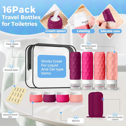 16Pack Travel Bottles for Toiletries, TSA Approved Travel Size Toiletries Containers Set, Silicone Leak Proof Refillable Bottles Elastic Sleeves Creams Jars Accessories Kit W/Clear Bag (Cream)