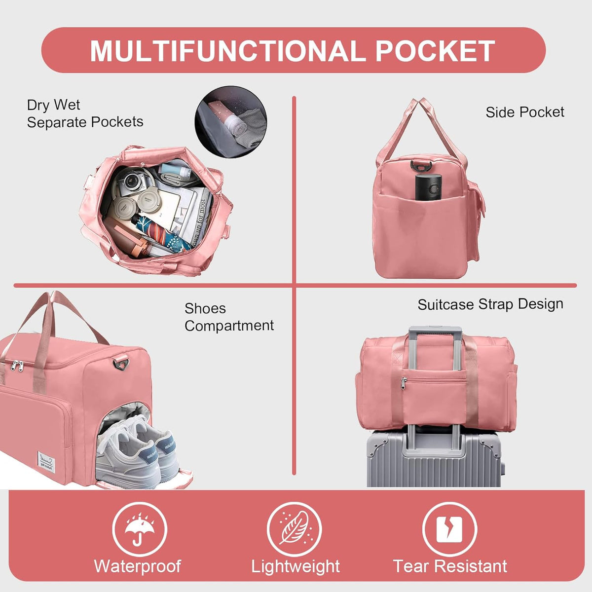 Sports Gym Duffel Bag with Shoes Compartment and Dry Wet Separated Pocket for Men and Women - Overnight Weekender Training Handbag Yoga Bag - Purple