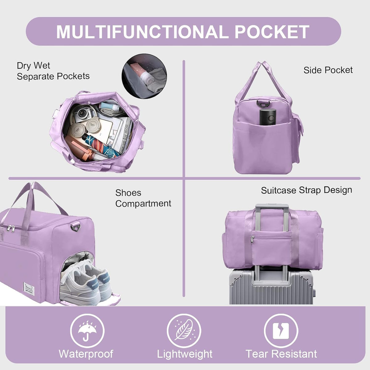 Sports Gym Duffel Bag with Shoes Compartment and Dry Wet Separated Pocket for Men and Women - Overnight Weekender Training Handbag Yoga Bag - Purple