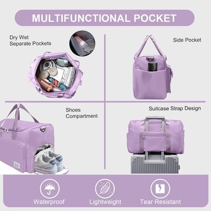 Sports Gym Duffel Bag with Shoes Compartment and Dry Wet Separated Pocket for Men and Women - Overnight Weekender Training Handbag Yoga Bag - Purple