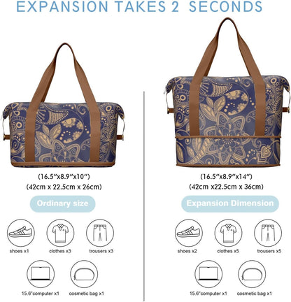 Expandable Travel Duffel Bags for Women Large - Gym Bag Waterproof Floral Weekender Beach Tote Carry on Bag with Luggage Sleeve for Spirit Airlines Personal Item Bag Overnight Mom Hospital Duffels