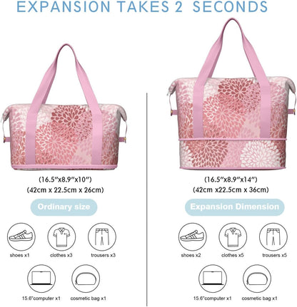 Expandable Travel Duffel Bags for Women Large - Gym Bag Waterproof Floral Weekender Beach Tote Carry on Bag with Luggage Sleeve for Spirit Airlines Personal Item Bag Overnight Mom Hospital Duffels