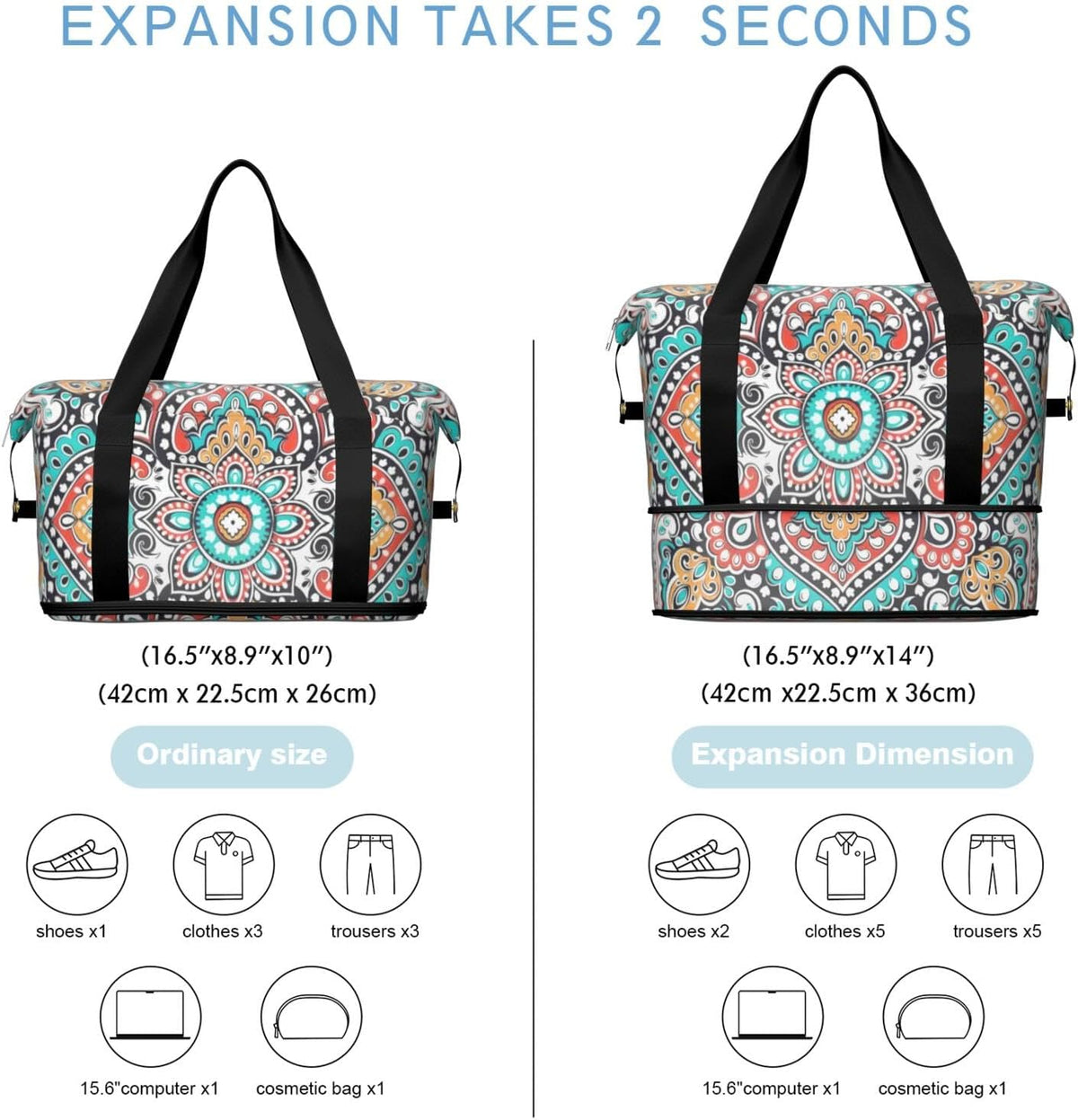 Expandable Travel Duffel Bags for Women Large - Gym Bag Waterproof Floral Weekender Beach Tote Carry on Bag with Luggage Sleeve for Spirit Airlines Personal Item Bag Overnight Mom Hospital Duffels