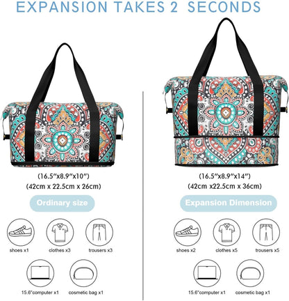 Expandable Travel Duffel Bags for Women Large - Gym Bag Waterproof Floral Weekender Beach Tote Carry on Bag with Luggage Sleeve for Spirit Airlines Personal Item Bag Overnight Mom Hospital Duffels
