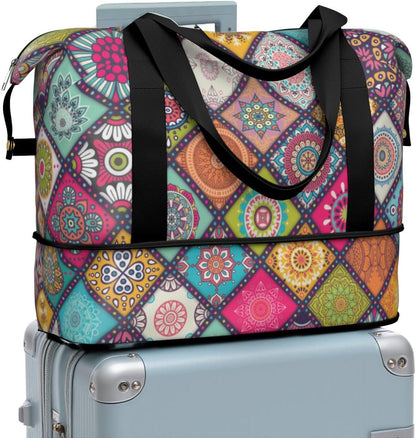 Expandable Travel Duffel Bags for Women Large - Gym Bag Waterproof Floral Weekender Beach Tote Carry on Bag with Luggage Sleeve for Spirit Airlines Personal Item Bag Overnight Mom Hospital Duffels