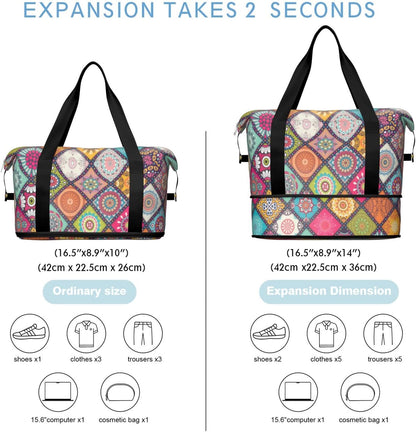 Expandable Travel Duffel Bags for Women Large - Gym Bag Waterproof Floral Weekender Beach Tote Carry on Bag with Luggage Sleeve for Spirit Airlines Personal Item Bag Overnight Mom Hospital Duffels