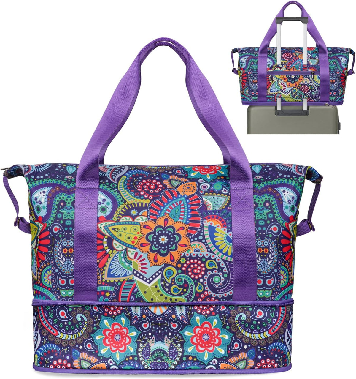 Expandable Travel Duffel Bags for Women Large - Gym Bag Waterproof Floral Weekender Beach Tote Carry on Bag with Luggage Sleeve for Spirit Airlines Personal Item Bag Overnight Mom Hospital Duffels