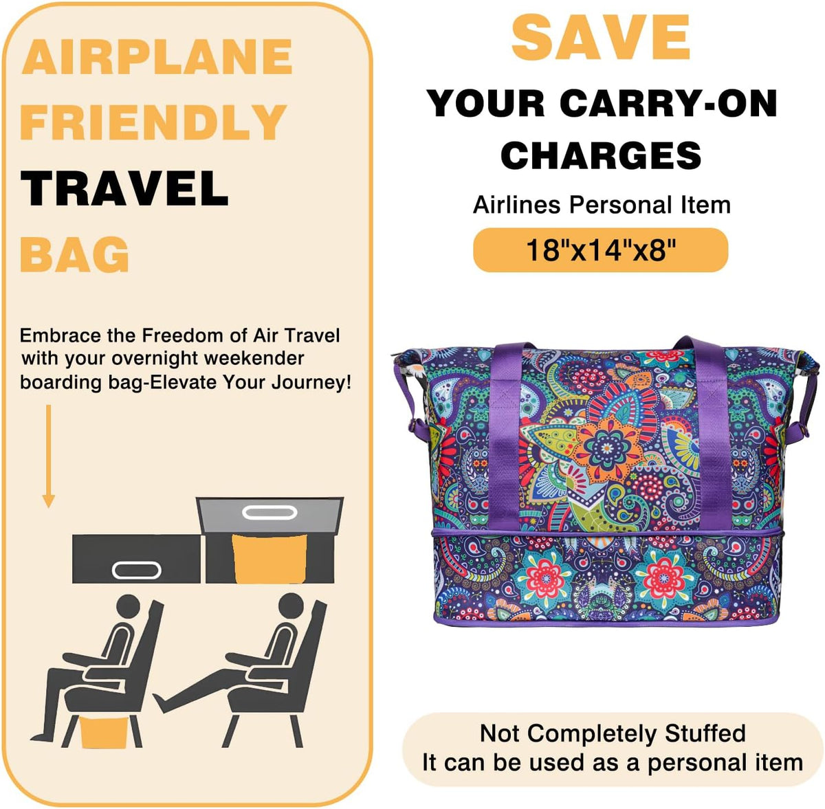 Expandable Travel Duffel Bags for Women Large - Gym Bag Waterproof Floral Weekender Beach Tote Carry on Bag with Luggage Sleeve for Spirit Airlines Personal Item Bag Overnight Mom Hospital Duffels