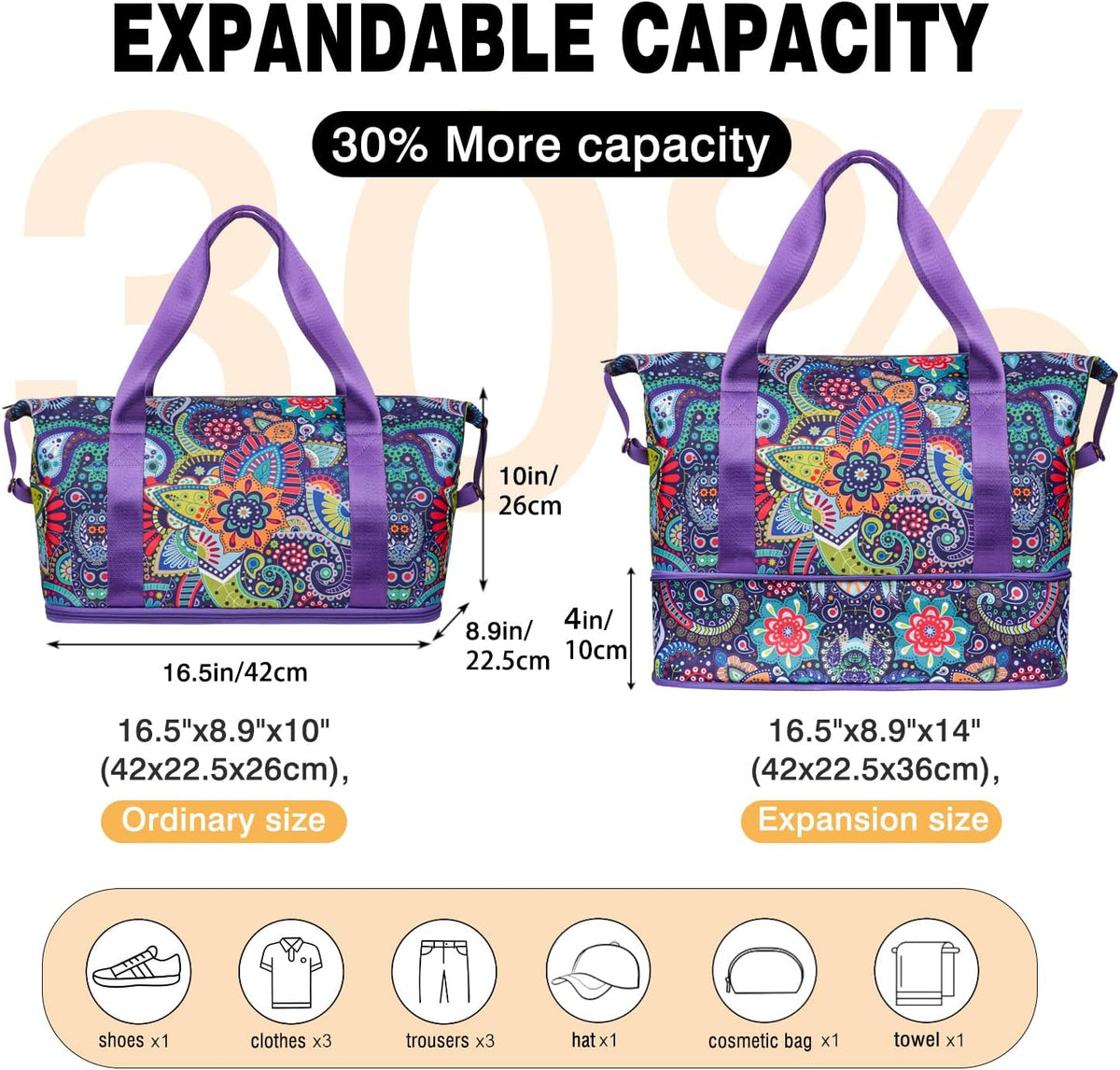 Expandable Travel Duffel Bags for Women Large - Gym Bag Waterproof Floral Weekender Beach Tote Carry on Bag with Luggage Sleeve for Spirit Airlines Personal Item Bag Overnight Mom Hospital Duffels