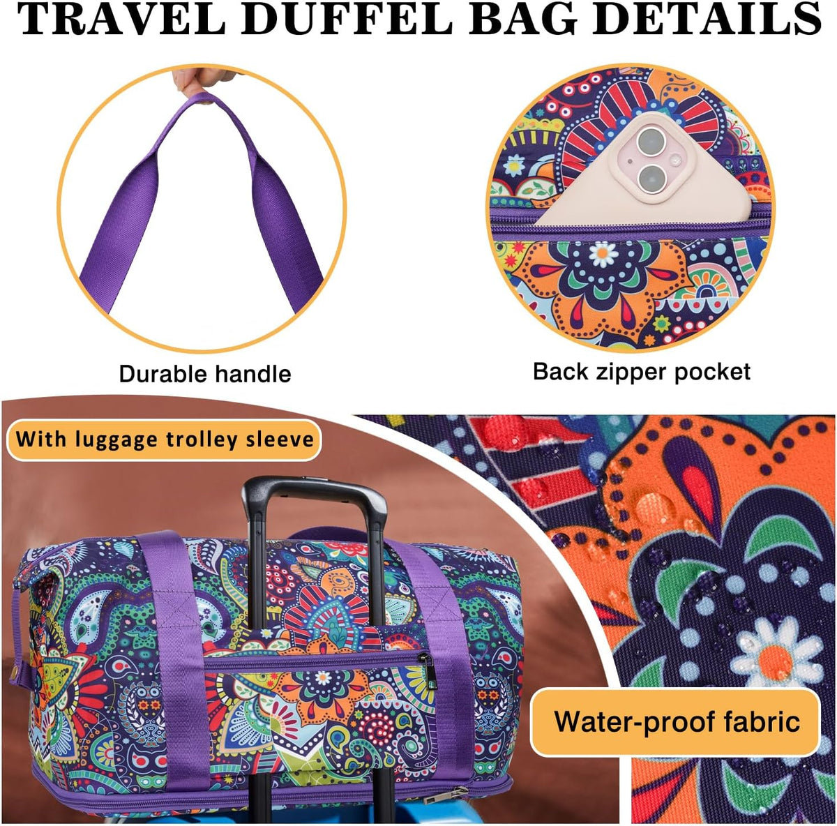 Expandable Travel Duffel Bags for Women Large - Gym Bag Waterproof Floral Weekender Beach Tote Carry on Bag with Luggage Sleeve for Spirit Airlines Personal Item Bag Overnight Mom Hospital Duffels