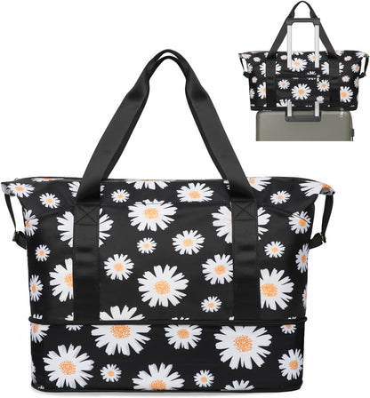 Expandable Travel Duffel Bags for Women Large - Gym Bag Waterproof Floral Weekender Beach Tote Carry on Bag with Luggage Sleeve for Spirit Airlines Personal Item Bag Overnight Mom Hospital Duffels