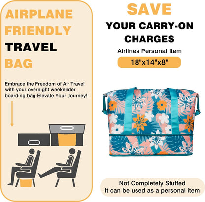 Expandable Travel Duffel Bags for Women Large - Gym Bag Waterproof Floral Weekender Beach Tote Carry on Bag with Luggage Sleeve for Spirit Airlines Personal Item Bag Overnight Mom Hospital Duffels