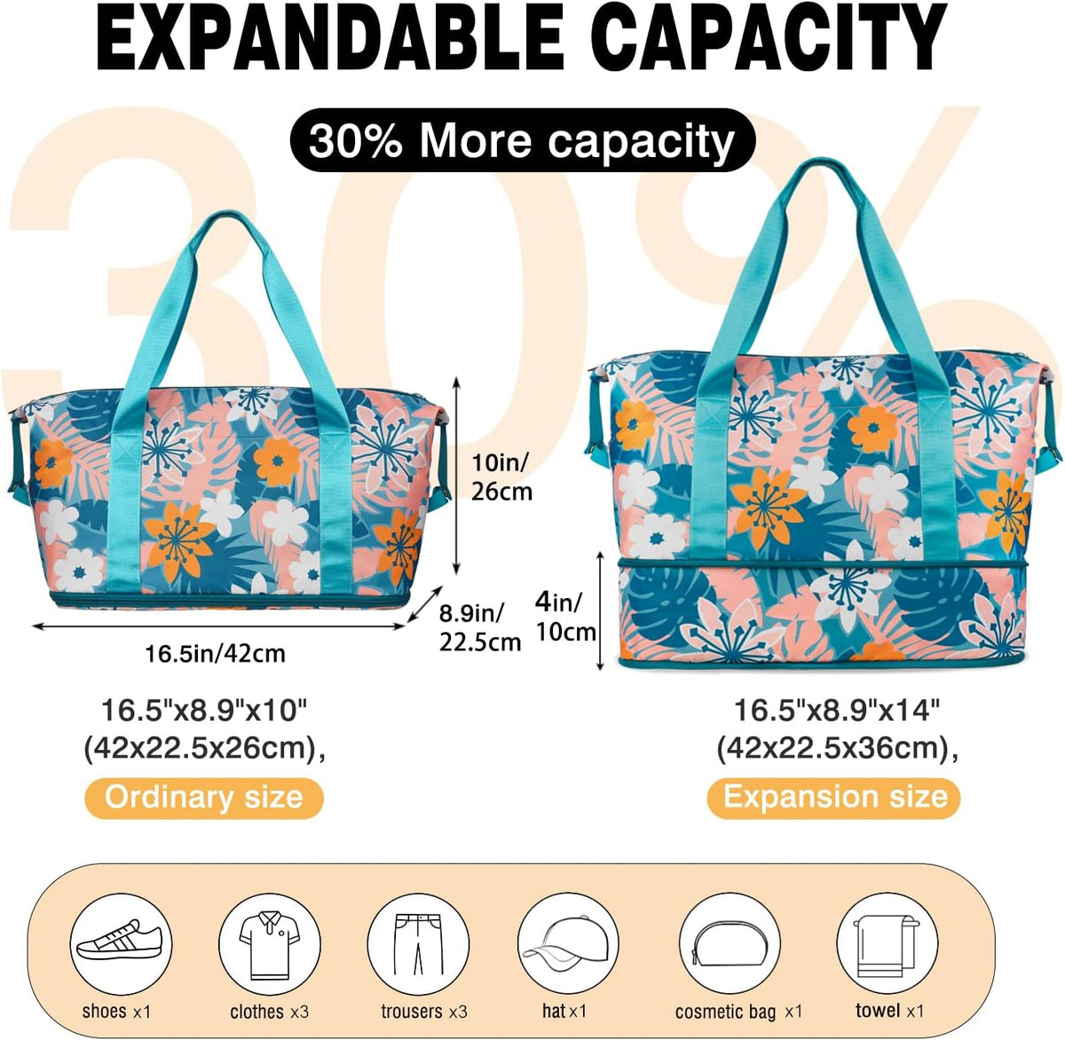 Expandable Travel Duffel Bags for Women Large - Gym Bag Waterproof Floral Weekender Beach Tote Carry on Bag with Luggage Sleeve for Spirit Airlines Personal Item Bag Overnight Mom Hospital Duffels