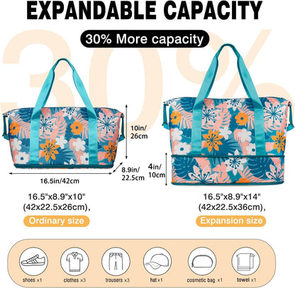 Expandable Travel Duffel Bags for Women Large - Gym Bag Waterproof Floral Weekender Beach Tote Carry on Bag with Luggage Sleeve for Spirit Airlines Personal Item Bag Overnight Mom Hospital Duffels