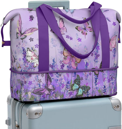 Expandable Travel Duffel Bags for Women Large - Gym Bag Waterproof Floral Weekender Beach Tote Carry on Bag with Luggage Sleeve for Spirit Airlines Personal Item Bag Overnight Mom Hospital Duffels