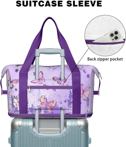 Expandable Travel Duffel Bags for Women Large - Gym Bag Waterproof Floral Weekender Beach Tote Carry on Bag with Luggage Sleeve for Spirit Airlines Personal Item Bag Overnight Mom Hospital Duffels