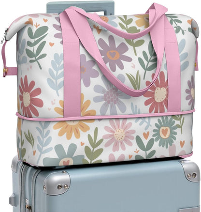 Expandable Travel Duffel Bags for Women Large - Gym Bag Waterproof Floral Weekender Beach Tote Carry on Bag with Luggage Sleeve for Spirit Airlines Personal Item Bag Overnight Mom Hospital Duffels