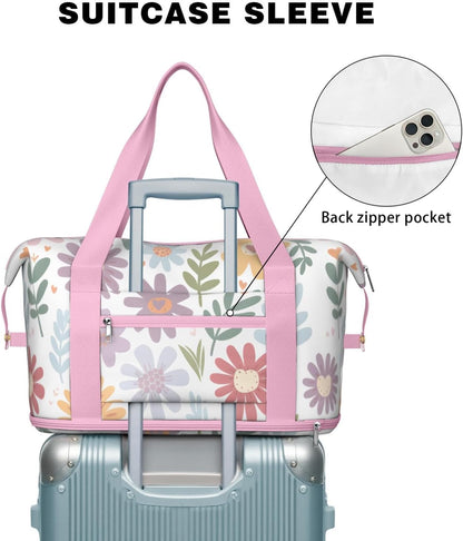 Expandable Travel Duffel Bags for Women Large - Gym Bag Waterproof Floral Weekender Beach Tote Carry on Bag with Luggage Sleeve for Spirit Airlines Personal Item Bag Overnight Mom Hospital Duffels