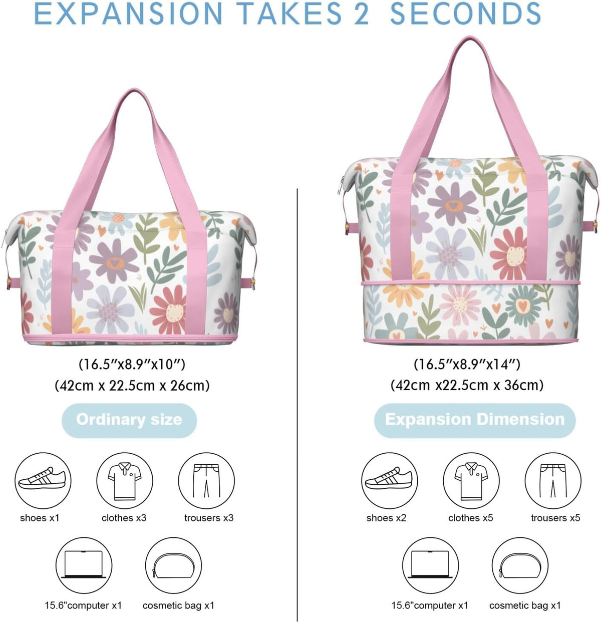 Expandable Travel Duffel Bags for Women Large - Gym Bag Waterproof Floral Weekender Beach Tote Carry on Bag with Luggage Sleeve for Spirit Airlines Personal Item Bag Overnight Mom Hospital Duffels