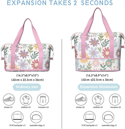 Expandable Travel Duffel Bags for Women Large - Gym Bag Waterproof Floral Weekender Beach Tote Carry on Bag with Luggage Sleeve for Spirit Airlines Personal Item Bag Overnight Mom Hospital Duffels