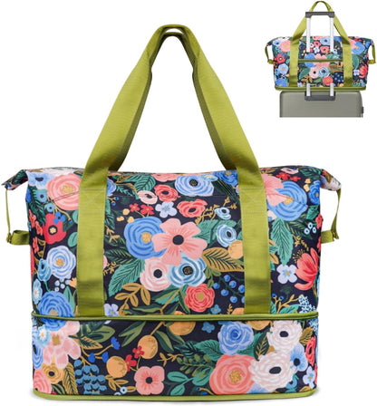 Expandable Travel Duffel Bags for Women Large - Gym Bag Waterproof Floral Weekender Beach Tote Carry on Bag with Luggage Sleeve for Spirit Airlines Personal Item Bag Overnight Mom Hospital Duffels