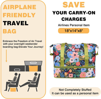 Expandable Travel Duffel Bags for Women Large - Gym Bag Waterproof Floral Weekender Beach Tote Carry on Bag with Luggage Sleeve for Spirit Airlines Personal Item Bag Overnight Mom Hospital Duffels