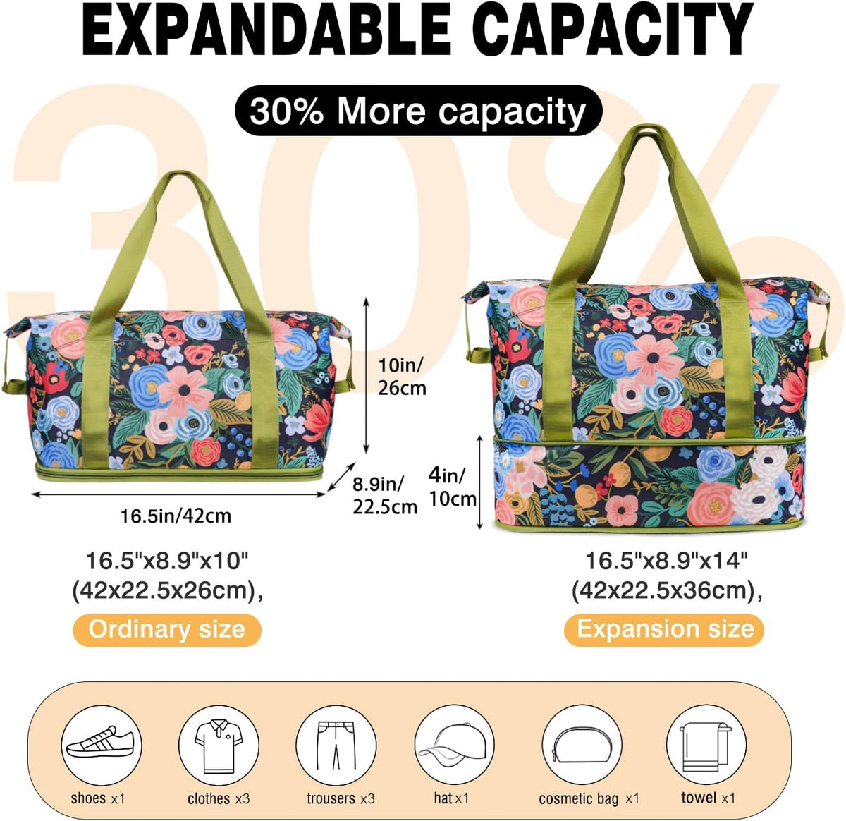 Expandable Travel Duffel Bags for Women Large - Gym Bag Waterproof Floral Weekender Beach Tote Carry on Bag with Luggage Sleeve for Spirit Airlines Personal Item Bag Overnight Mom Hospital Duffels