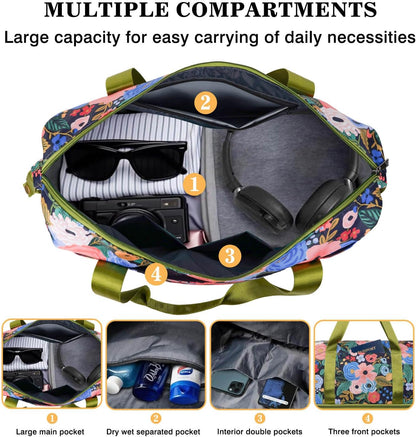 Expandable Travel Duffel Bags for Women Large - Gym Bag Waterproof Floral Weekender Beach Tote Carry on Bag with Luggage Sleeve for Spirit Airlines Personal Item Bag Overnight Mom Hospital Duffels