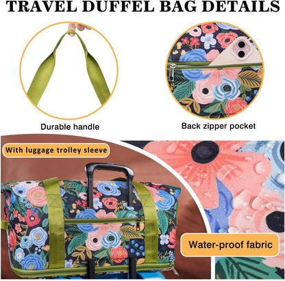 Expandable Travel Duffel Bags for Women Large - Gym Bag Waterproof Floral Weekender Beach Tote Carry on Bag with Luggage Sleeve for Spirit Airlines Personal Item Bag Overnight Mom Hospital Duffels