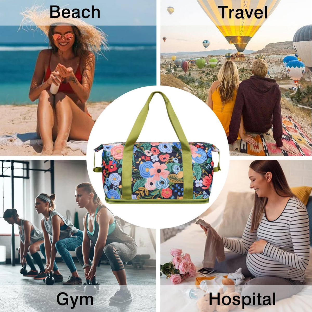 Expandable Travel Duffel Bags for Women Large - Gym Bag Waterproof Floral Weekender Beach Tote Carry on Bag with Luggage Sleeve for Spirit Airlines Personal Item Bag Overnight Mom Hospital Duffels