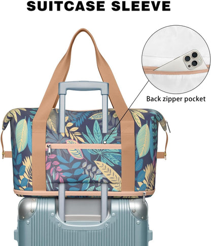 Expandable Travel Duffel Bags for Women Large - Gym Bag Waterproof Floral Weekender Beach Tote Carry on Bag with Luggage Sleeve for Spirit Airlines Personal Item Bag Overnight Mom Hospital Duffels