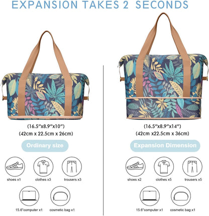 Expandable Travel Duffel Bags for Women Large - Gym Bag Waterproof Floral Weekender Beach Tote Carry on Bag with Luggage Sleeve for Spirit Airlines Personal Item Bag Overnight Mom Hospital Duffels