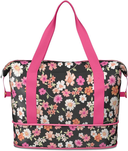 Expandable Travel Duffel Bags for Women Large - Gym Bag Waterproof Floral Weekender Beach Tote Carry on Bag with Luggage Sleeve for Spirit Airlines Personal Item Bag Overnight Mom Hospital Duffels