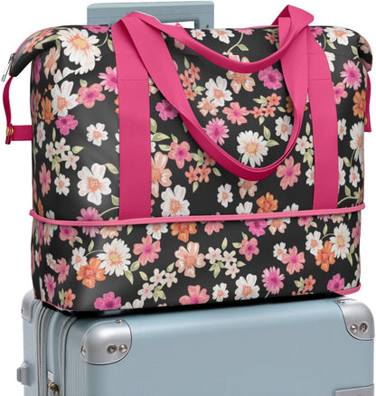 Expandable Travel Duffel Bags for Women Large - Gym Bag Waterproof Floral Weekender Beach Tote Carry on Bag with Luggage Sleeve for Spirit Airlines Personal Item Bag Overnight Mom Hospital Duffels