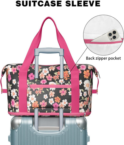Expandable Travel Duffel Bags for Women Large - Gym Bag Waterproof Floral Weekender Beach Tote Carry on Bag with Luggage Sleeve for Spirit Airlines Personal Item Bag Overnight Mom Hospital Duffels
