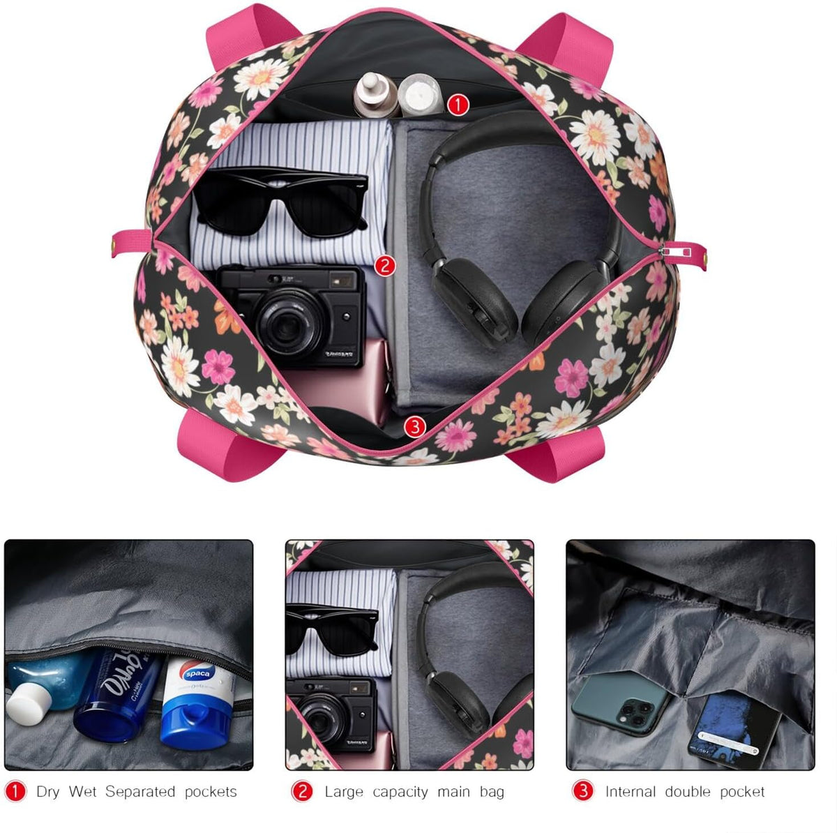 Expandable Travel Duffel Bags for Women Large - Gym Bag Waterproof Floral Weekender Beach Tote Carry on Bag with Luggage Sleeve for Spirit Airlines Personal Item Bag Overnight Mom Hospital Duffels