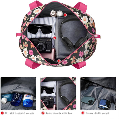 Expandable Travel Duffel Bags for Women Large - Gym Bag Waterproof Floral Weekender Beach Tote Carry on Bag with Luggage Sleeve for Spirit Airlines Personal Item Bag Overnight Mom Hospital Duffels
