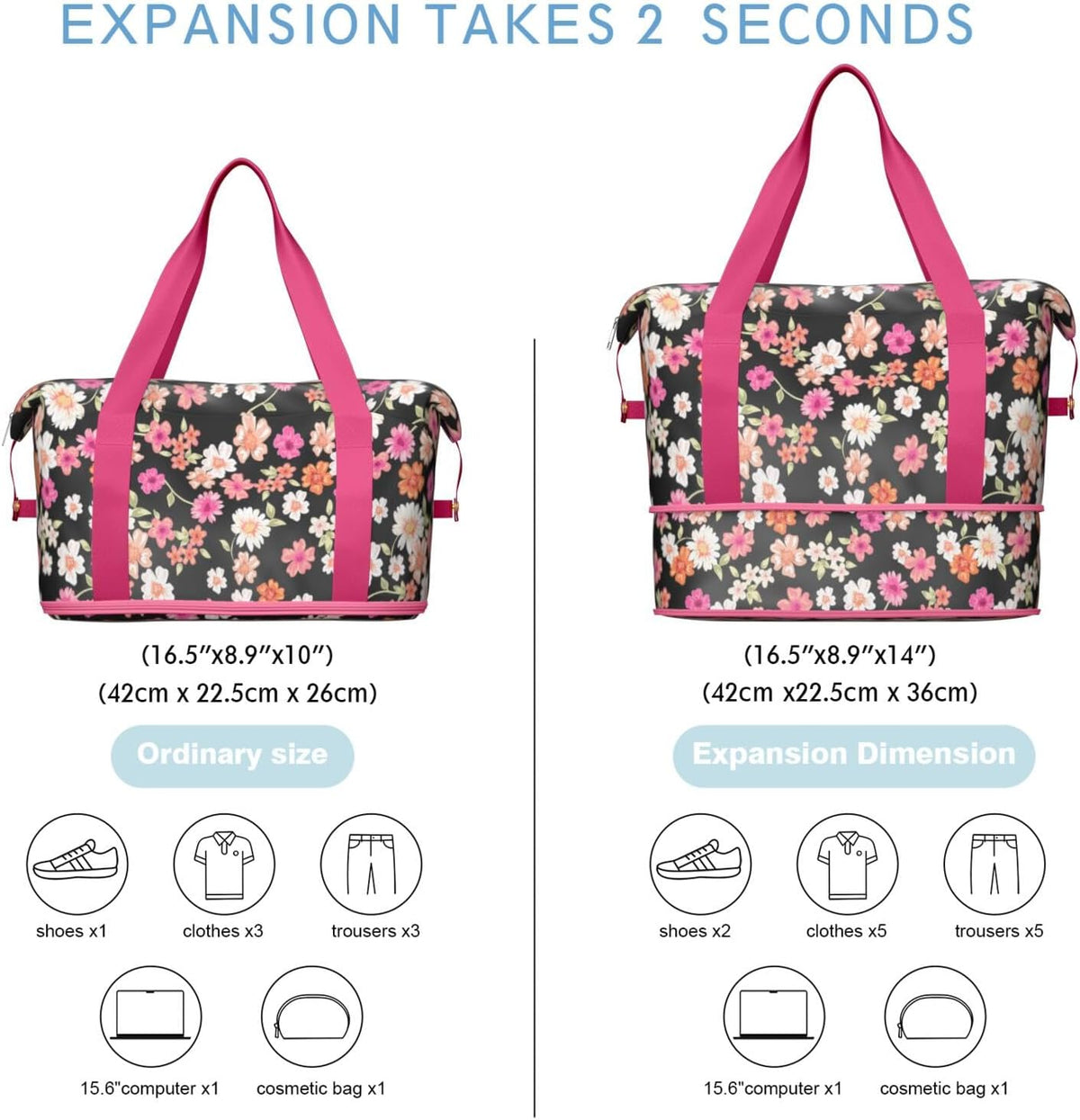 Expandable Travel Duffel Bags for Women Large - Gym Bag Waterproof Floral Weekender Beach Tote Carry on Bag with Luggage Sleeve for Spirit Airlines Personal Item Bag Overnight Mom Hospital Duffels