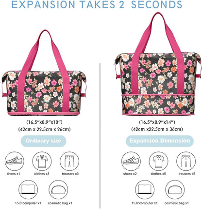 Expandable Travel Duffel Bags for Women Large - Gym Bag Waterproof Floral Weekender Beach Tote Carry on Bag with Luggage Sleeve for Spirit Airlines Personal Item Bag Overnight Mom Hospital Duffels