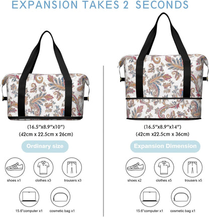 Expandable Travel Duffel Bags for Women Large - Gym Bag Waterproof Floral Weekender Beach Tote Carry on Bag with Luggage Sleeve for Spirit Airlines Personal Item Bag Overnight Mom Hospital Duffels