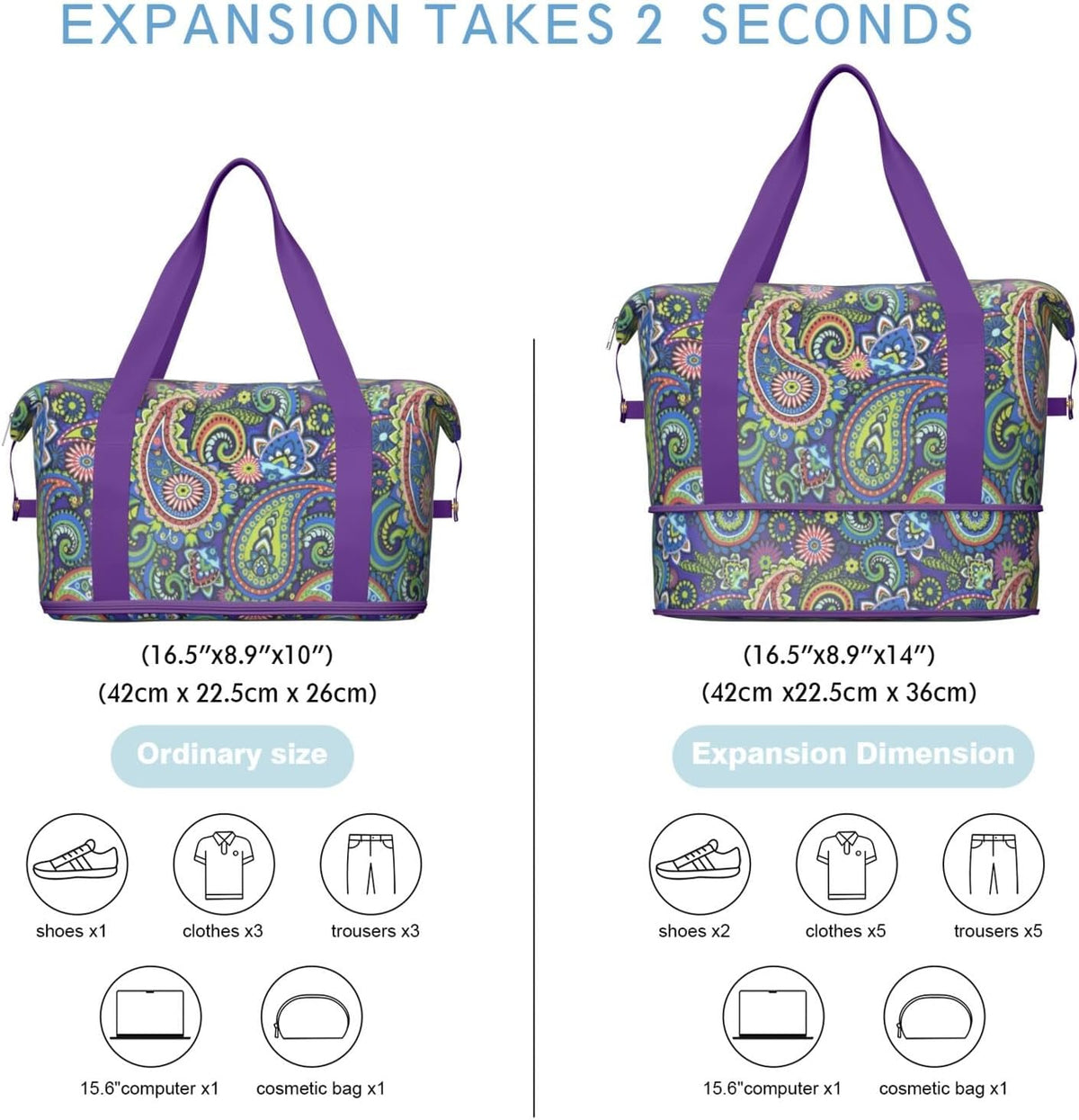 Expandable Travel Duffel Bags for Women Large - Gym Bag Waterproof Floral Weekender Beach Tote Carry on Bag with Luggage Sleeve for Spirit Airlines Personal Item Bag Overnight Mom Hospital Duffels