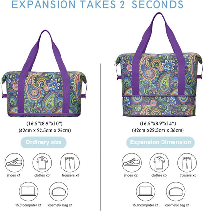 Expandable Travel Duffel Bags for Women Large - Gym Bag Waterproof Floral Weekender Beach Tote Carry on Bag with Luggage Sleeve for Spirit Airlines Personal Item Bag Overnight Mom Hospital Duffels