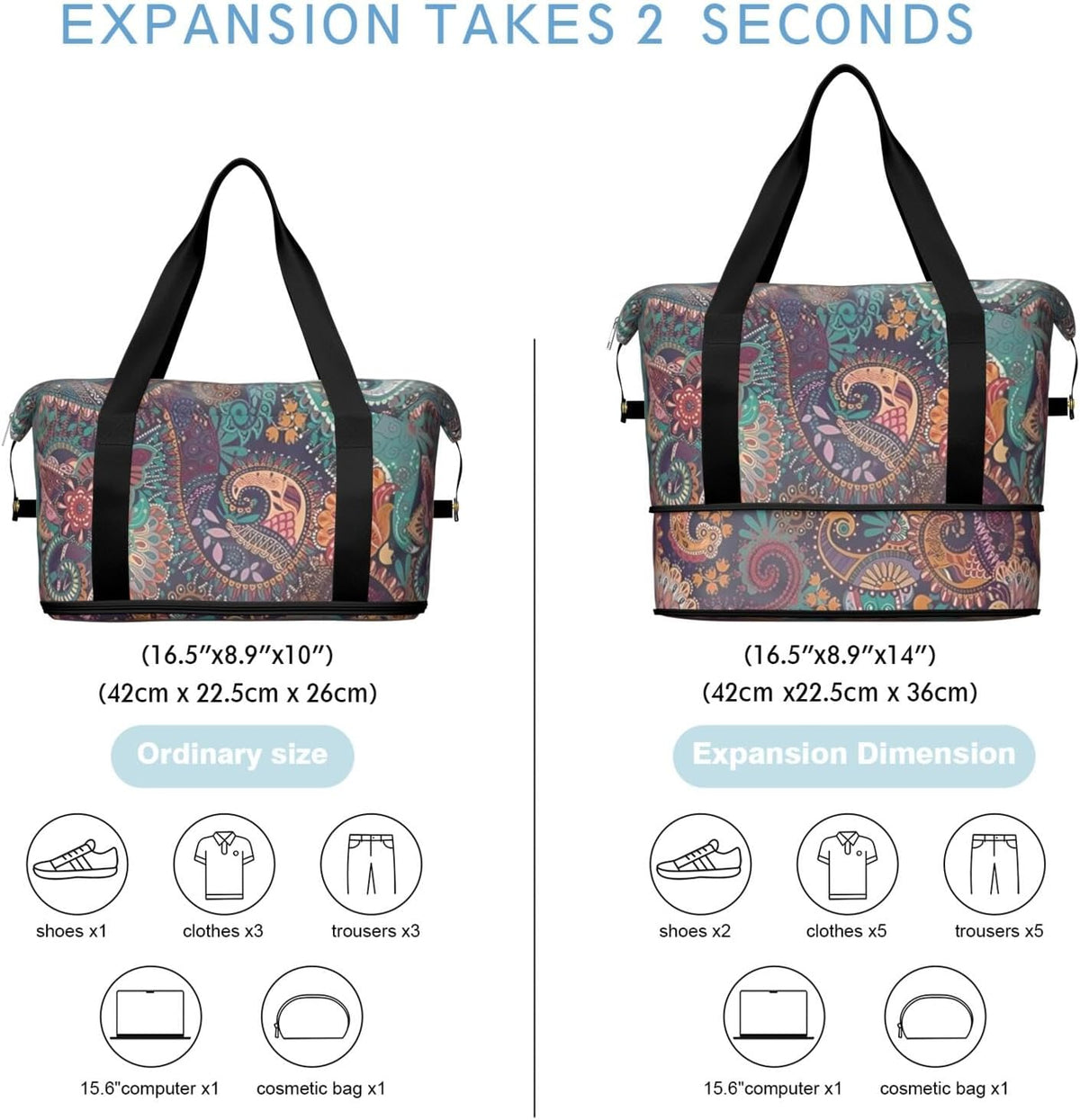 Expandable Travel Duffel Bags for Women Large - Gym Bag Waterproof Floral Weekender Beach Tote Carry on Bag with Luggage Sleeve for Spirit Airlines Personal Item Bag Overnight Mom Hospital Duffels