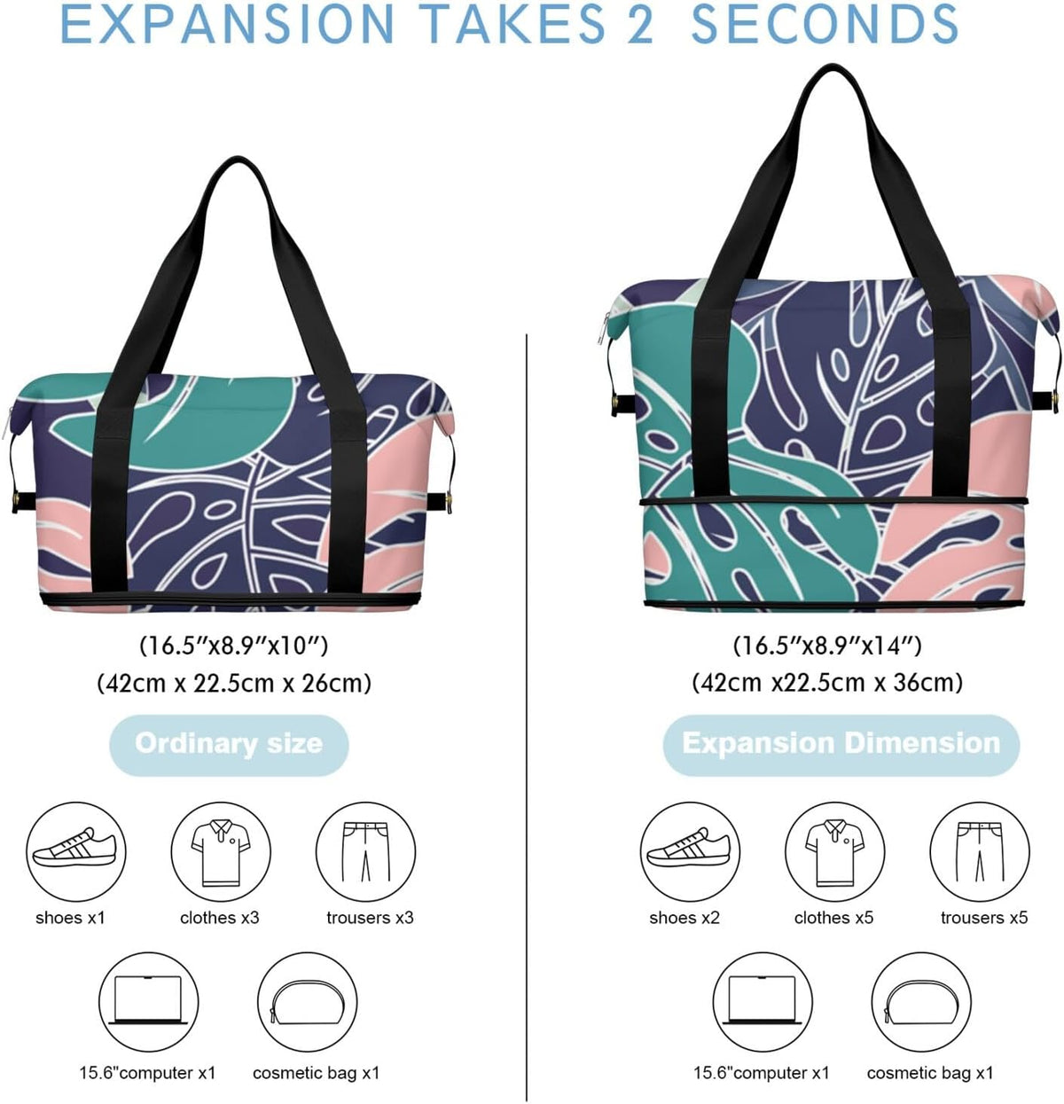 Expandable Travel Duffel Bags for Women Large - Gym Bag Waterproof Floral Weekender Beach Tote Carry on Bag with Luggage Sleeve for Spirit Airlines Personal Item Bag Overnight Mom Hospital Duffels