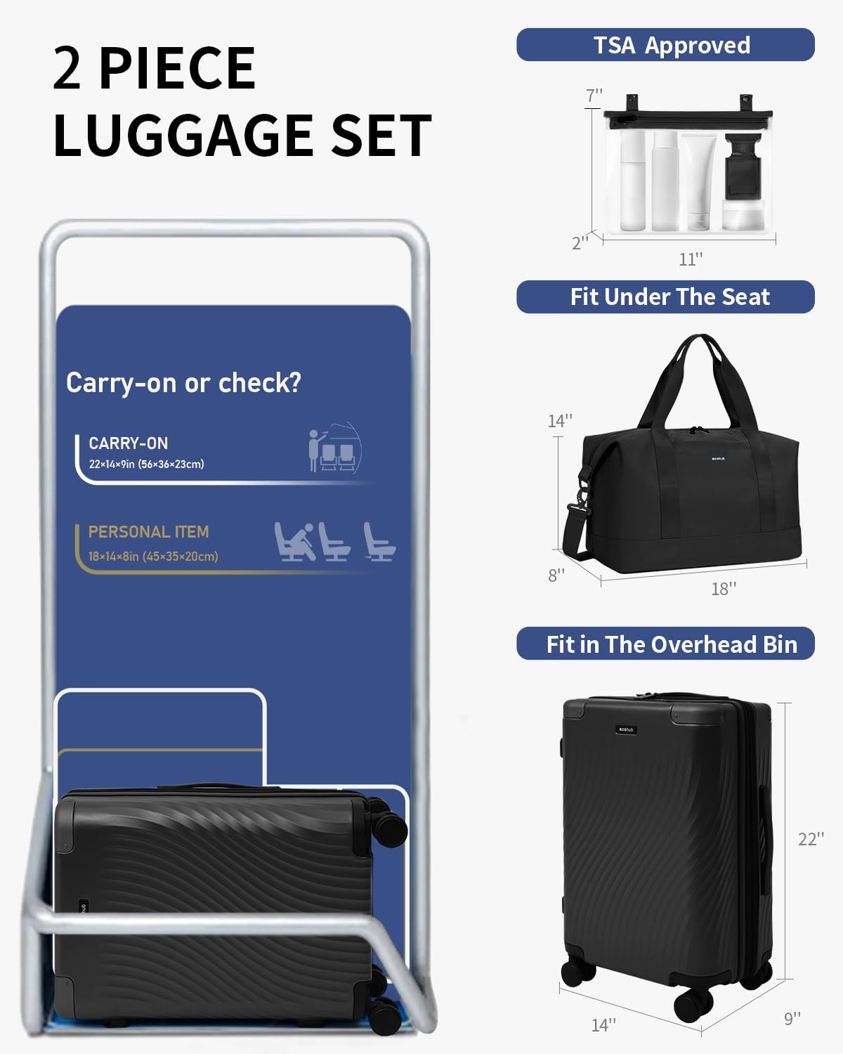 Hardside Expandable Carry On Luggage, 20" Rolling Luggage 22x14x9 Airline Approved with Spinner Wheels & TSA Lock, Lightweight Small Hardshell Travel Suitcase Valises, 20inch Carry-on Black