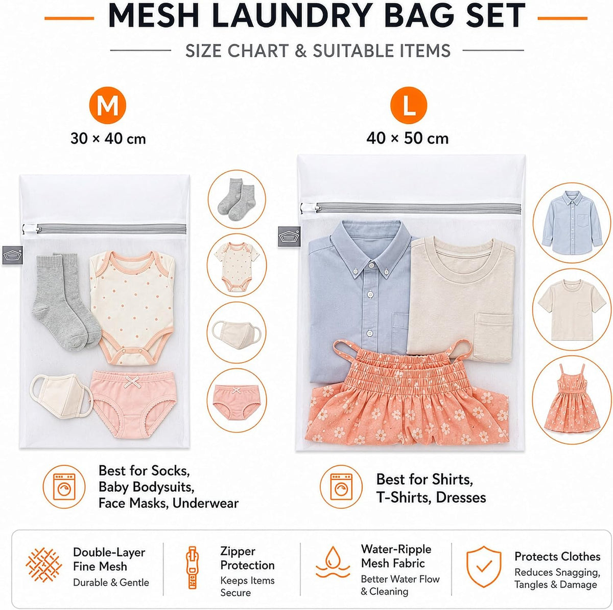 Laundry Bags Mesh Wash Bag, Mesh Bag for Laundry, 1L+1M | shoe washing bag for socks, activewear, baby clothes and small garments to reduce tangling