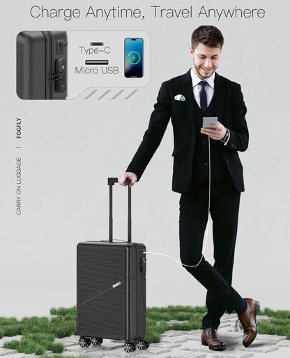 Carry On Luggage Airline Approved 20 Inch Hardside Suitcase with Spinner Wheels, Lightweight PC Rolling Luggage with TSA Lock & USB Charging Port for Travel