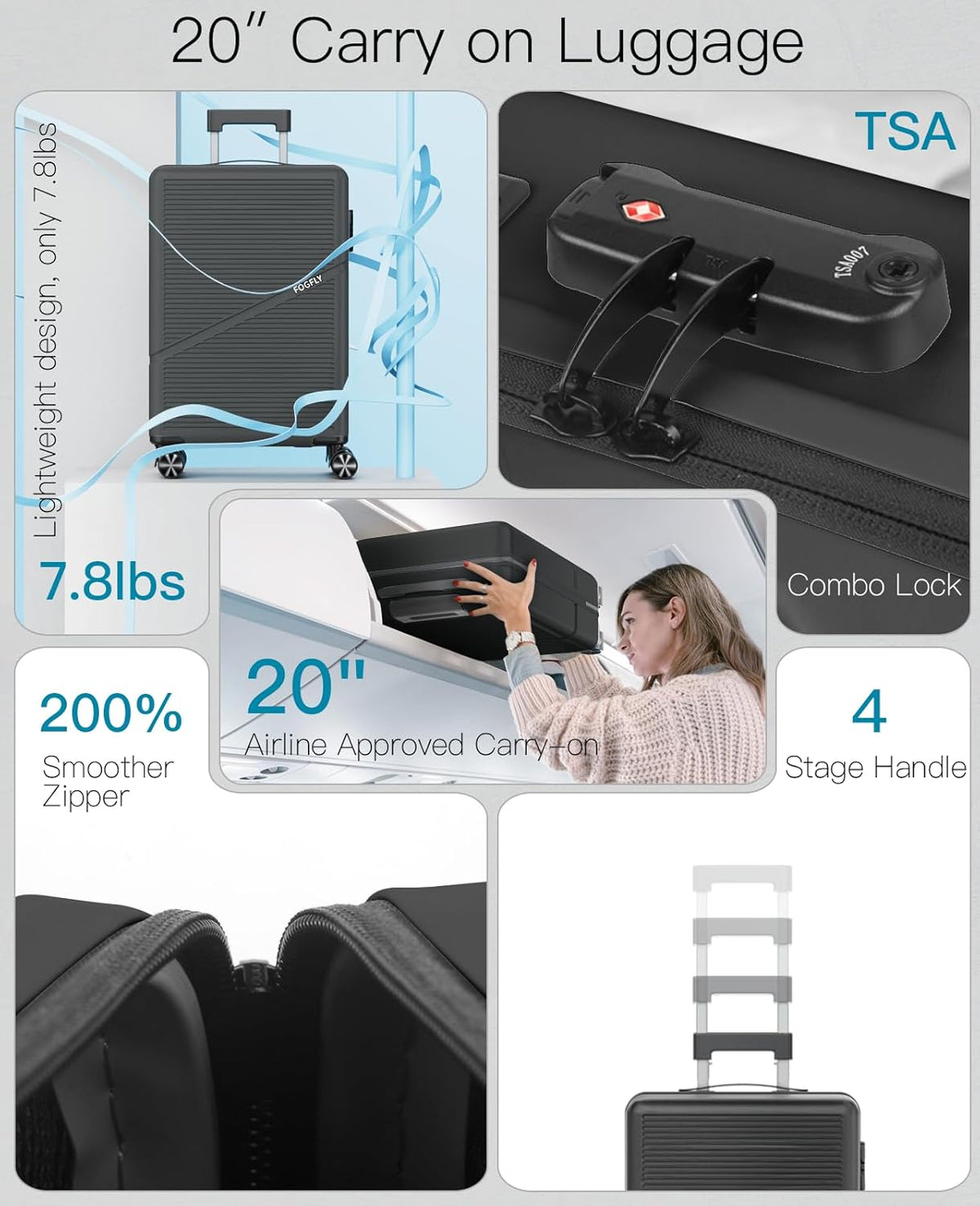 Carry On Luggage Airline Approved 20 Inch Hardside Suitcase with Spinner Wheels, Lightweight PC Rolling Luggage with TSA Lock & USB Charging Port for Travel